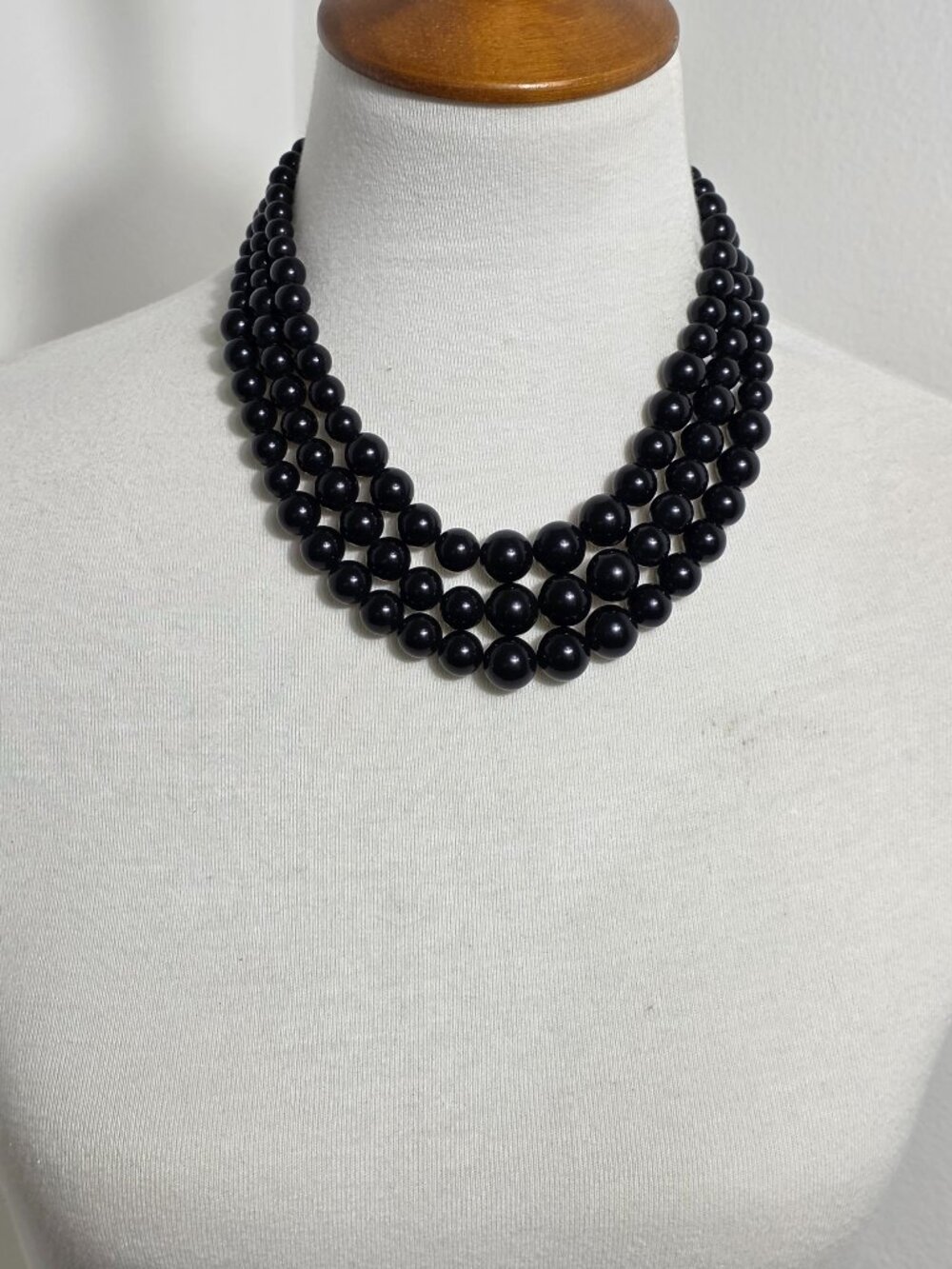 Multi-Strand Statement Necklace Graduated Glossy Black Faux Pearls
